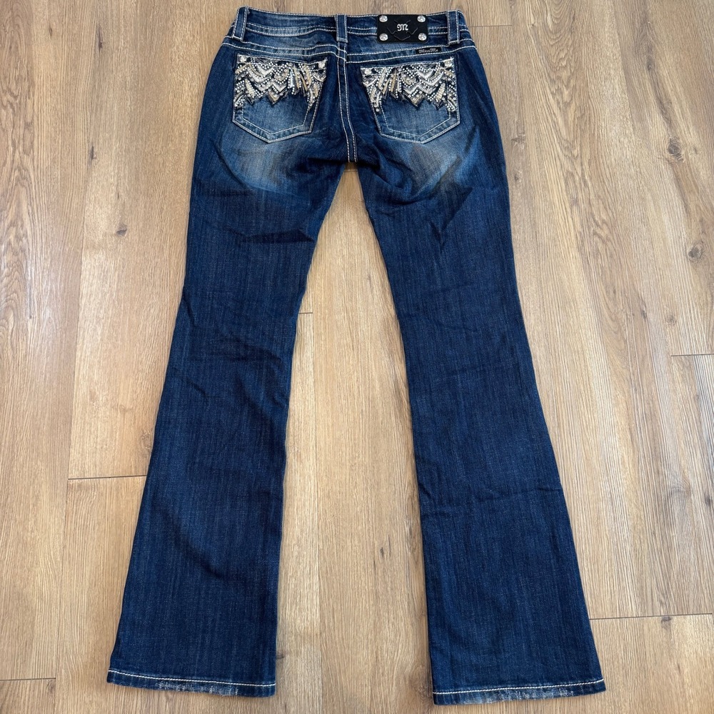 Miss Me Signature Bootcut Low Rise Jeans Dark Wash Embroidery Rhinestone Size 28 - Picture 3 of 9